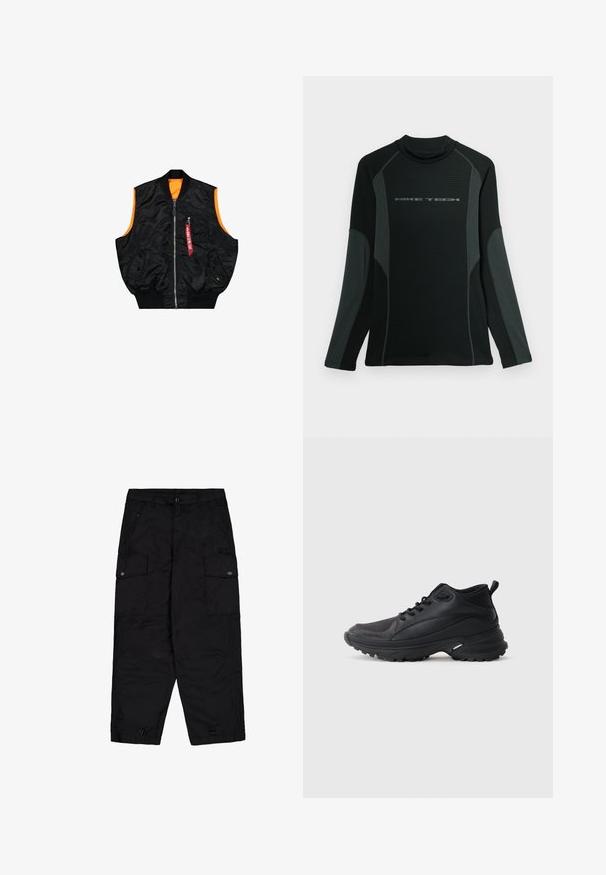 Zwarte bombervest met een oranje binnenkant, ritssluiting, zijzakken en een klein zakje met rode labeldetails. Gladde, glanzende stof.; Zwarte shirt met lange mouwen en hoge kraag, gemaakt van textuurstof. Heeft grijze zijpanelen en het "NIKE TECH" logo op de borst.; Zwarte cargobroek met een knoop en rits aan de voorkant, zijflapzakken met knopen en verstelbare trekkoorden aan de onderkant.; Zwarte sportschoenen gemaakt van synthetisch materiaal. Voorzien van een gevoerde kraag, ronde neus, stevige buitenzool met grip en merkembleem.