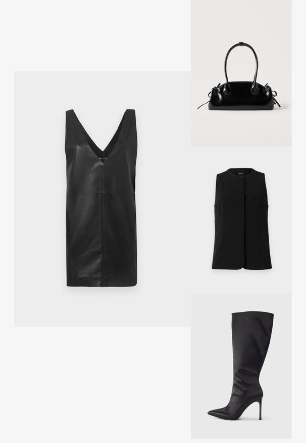 Gilet sans manches noir en tissu lisse, avec un col rond et cinq boutons ronds sur le devant.; Robe en cuir sans manches noire avec décolleté en V profond et détail de couture centrée, présentée sur un fond blanc uni.; Botte noire haute jusqu'aux genoux en cuir verni lisse et élégant ; bout pointu ; ajustée avec un léger froncé près de la cheville ; talon brillant.; Petit sac à main noir brillant avec deux longues anses et des détails à cordon sur les côtés sur un fond clair uni.