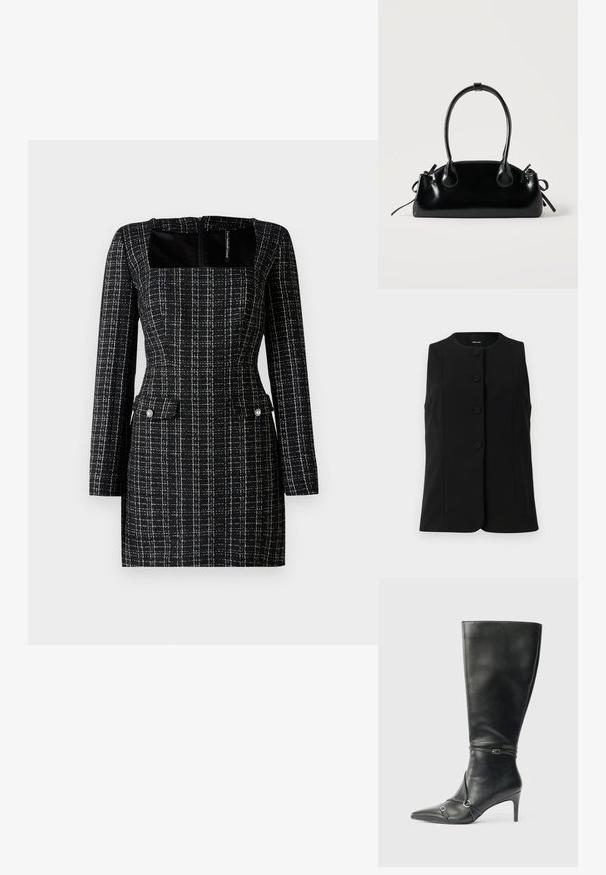 Gilet sans manches noir en tissu lisse, avec un col rond et cinq boutons ronds sur le devant.; Robe à carreaux noir et blanc avec un décolleté carré, manches longues et deux poches avant avec des boutons style perle. Tissu texturé.; Bottes noires en cuir montant jusqu'au genou, avec un talon fin, un bout pointu et des détails de lanière à la cheville. Texture lisse et design ajusté.; Petit sac à main noir brillant avec deux longues anses et des détails à cordon sur les côtés sur un fond clair uni.