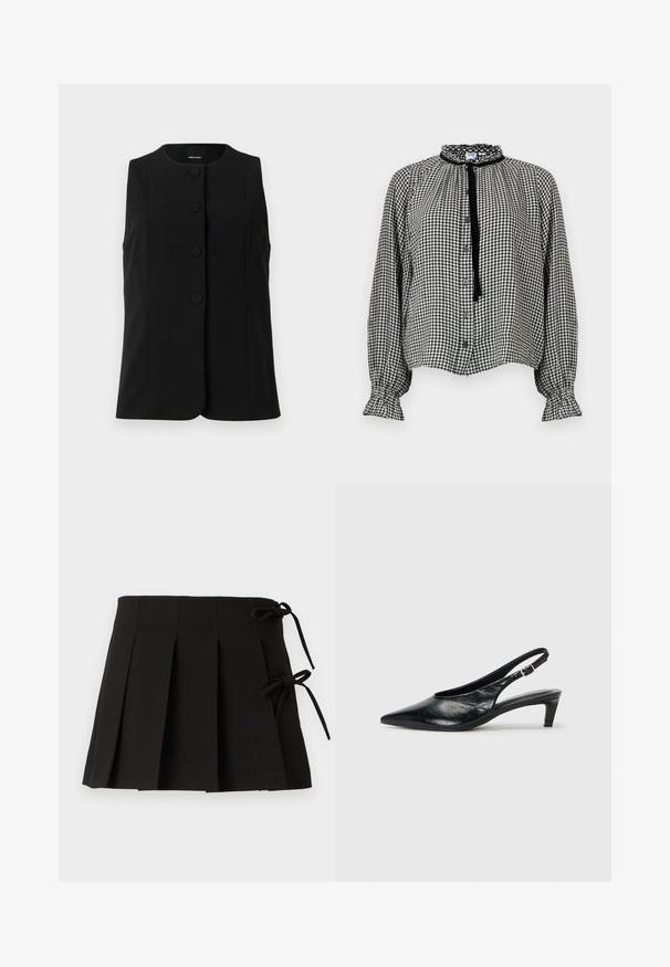 Gilet sans manches noir en tissu lisse, avec un col rond et cinq boutons ronds sur le devant.; Blouse à manches longues en vichy noir et blanc avec col et poignets à volants, boutonnage sur le devant, et un ruban noir noué au cou.; Jupe plissée noire avec des liens sur les côtés, fabriquée dans un tissu à la texture lisse ; elle présente un design structuré et des lignes épurées.; Escarpin à bride arrière en cuir noir avec un bout pointu, un petit talon et une sangle à boucle réglable. Texture lisse avec un minimalisme dans les détails.