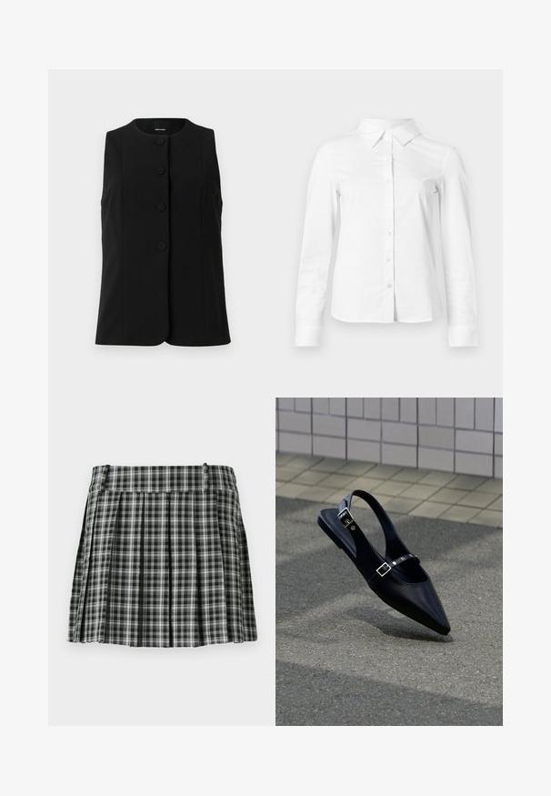 Gilet sans manches noir en tissu lisse, avec un col rond et cinq boutons ronds sur le devant.; Chemise blanche à manches longues avec boutons, col pointu, ourlet droit et silhouette ajustée, présentée sur un fond clair uni.; Jupe plissée à carreaux noir et blanc avec une taille lisse et de multiples plis verticaux. Fabriquée en tissu léger.; Mocassin noir à bout pointu et bride arrière, avec double boucle, posé sur un asphalt gris près d'un mur carrelé en arrière-plan.