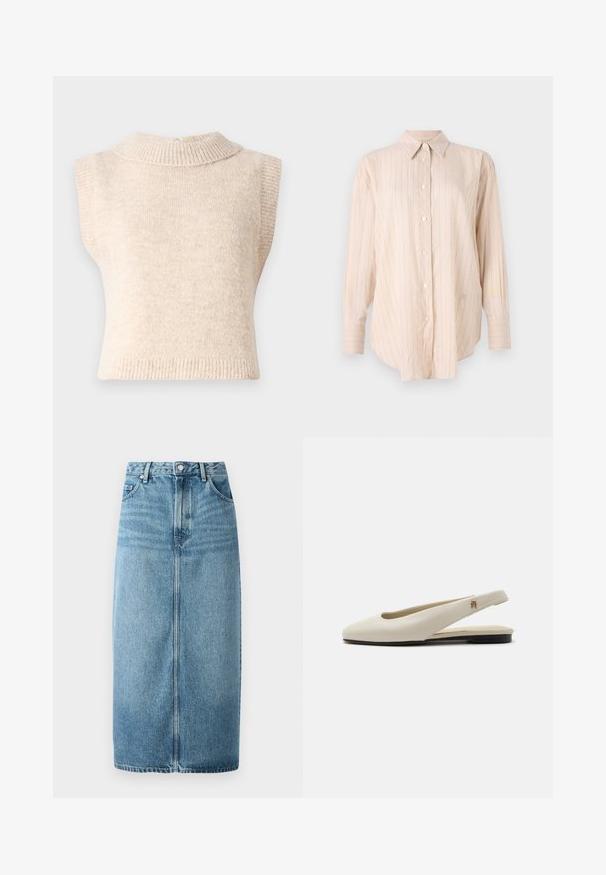 Beige, hihaton neulepusero, jossa on korkea ribbikaulus ja pehmeä rakenne. Mukana takakiinnitys ja napakka muoto.; Vaaleanbeige nappipaita pitkillä hihoilla, jossa on ohuet pystysuorat raidat ja klassinen kaulus. Valmistettu sileästä, pehmeästä kankaasta.; Denim midi-hame vaaleansinisena. A-linjakuvio, jossa on etuhalkio, viisi taskua, nappikiinnitys ja näkyvät saumat. Silkkinen pinta.; Kermanvärinen nahkainen slingback-tasapohjakenkä, jossa pyöreä kärki ja pieni kullanvärinen merkki remmissä.