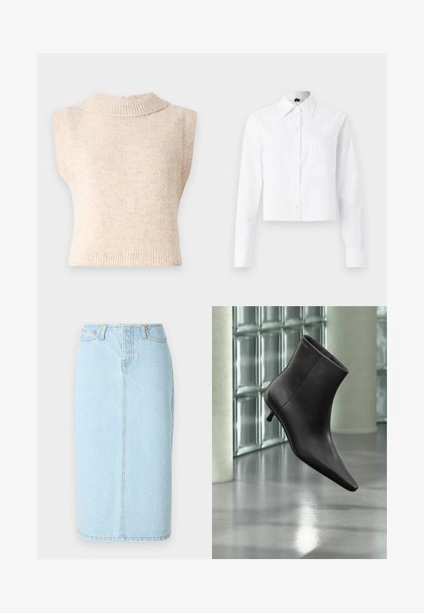Suéter de punto sin mangas en color beige, con un alto cuello acanalado y una textura suave. Presenta un cierre en la parte trasera y una forma ajustada.; Camisa blanca corta con botones y rayas verticales azul claro, de mangas largas, con un bolsillo en el pecho y cuello clásico. Tejido mezcla de algodón.; Minifalda de mezclilla azul claro con cintura alta, diseño de cinco bolsillos y sutiles detalles de costura a lo largo de las costuras.; Bota de cuero negro para el tobillo con puntera puntiaguda y tacón pequeño, exhibida frente a una pared de bloques de vidrio y un suelo pulido.