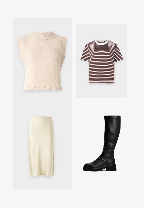 Beige, mouwloos gebreid vest met een hoge geribbelde kraag en een zachte textuur. Heeft een sluiting aan de achterkant en een getailleerde pasvorm.; Bruin-wit horizontaal gestreept T-shirt met korte mouwen en een witte ronde hals.; Satin midi rok in bleekgeel met een gladde textuur, met een split aan de zijkant en een rechte snit. Eenvoudige en elegante silhouet.; Zwart leren kniehoge laars met een licht gestructureerde afwerking, een ronde neus, zij-elastische panelen en een chunky blokhak.