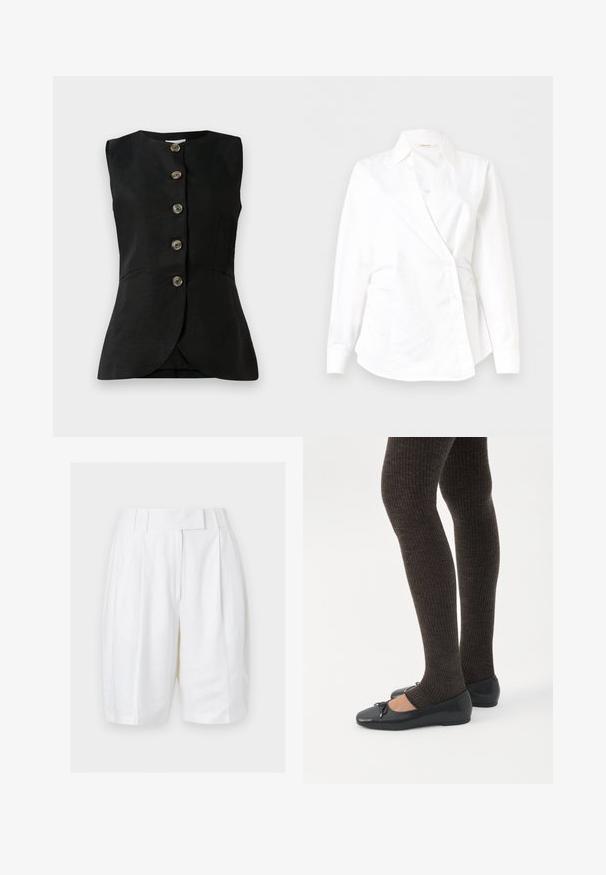 Gilet sans manches noir avec un col rond, fermeture à boutons sur le devant et deux poches latérales. Texture lisse avec un léger éclat.; Blouse blanche à manches longues pour femmes, avec devant croisé, col classique et détails à boutons, sur un fond uni.; Shorts blancs ajustés taille haute avec plis devant, passants de ceinture et fermeture cachée à crochet et barrette à la taille.; Jambes portant des leggings côtelés foncés associés à des ballerines noires avec de petits détails en nœud sur fond blanc.