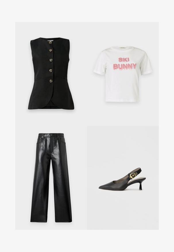Gilet sans manches noir avec un col rond, fermeture à boutons sur le devant et deux poches latérales. Texture lisse avec un léger éclat.; T-shirt en coton blanc avec l'inscription « SKI BUNNY » en lettres en fausse fourrure rose en relief. Manches courtes et col rond.; Pantalon large en fausse cuir noir à taille haute avec bouton frontal, fermeture éclair et poches à l'avant et à l'arrière sur fond gris clair.; Chaussure à talon haut noire à bride arrière, avec un bout pointu, une texture en cuir lisse et une accent de boucle dorée sur la bride.