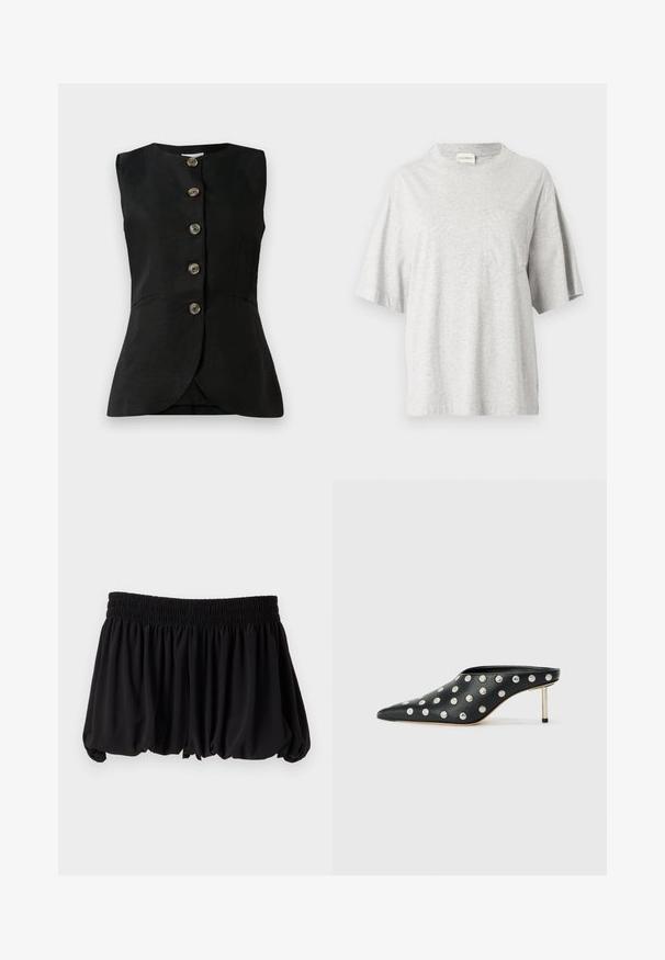 Gilet sans manches noir avec un col rond, fermeture à boutons sur le devant et deux poches latérales. Texture lisse avec un léger éclat.; T-shirt en coton gris avec un col rond, des manches courtes et une poche sur le côté gauche de la poitrine. Comprend une petite étiquette sur la couture latérale.; Mini-jupe noire avec un ourlet bouffant et une large ceinture élastique froncée sur un fond clair uni.; STAND STUDIO KELSEY - Mules à talons - black