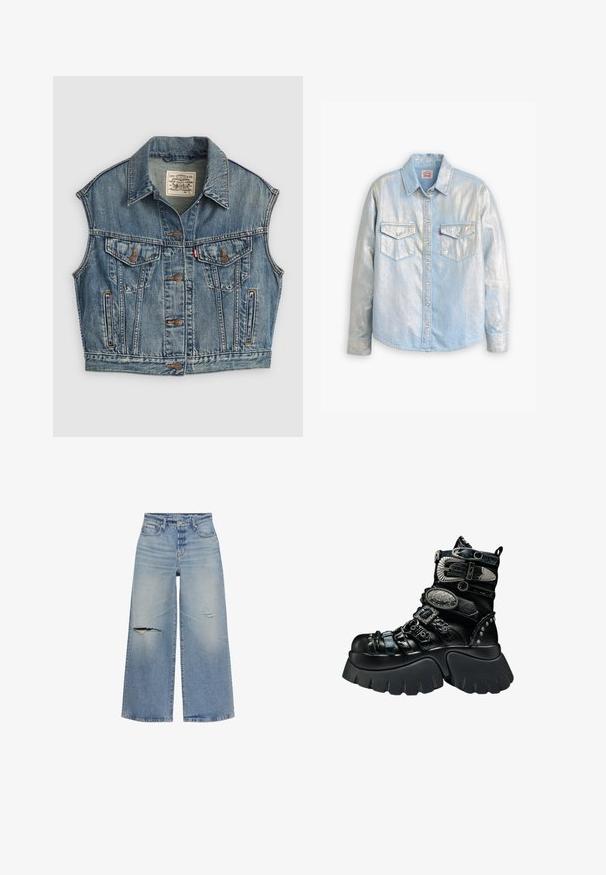 Gilet en denim bleu clair avec un col, fermeture à boutons sur le devant, deux poches poitrine avec rabats à boutons et poches latérales. Texture vieillie visible.; Chemise en denim bleu clair avec un éclat métallique, manches longues, patte de boutonnage à l'avant, deux poches poitrine et col pointu.; Jean en denim bleu clair à coupe large avec des détails déchirés, comprenant deux déchirures à l'avant, et un design à cinq poches.; Botte plateforme noire avec semelle épaisse, multiples brides texturées, boucles argentées, accents métalliques décoratifs et détails cloutés.