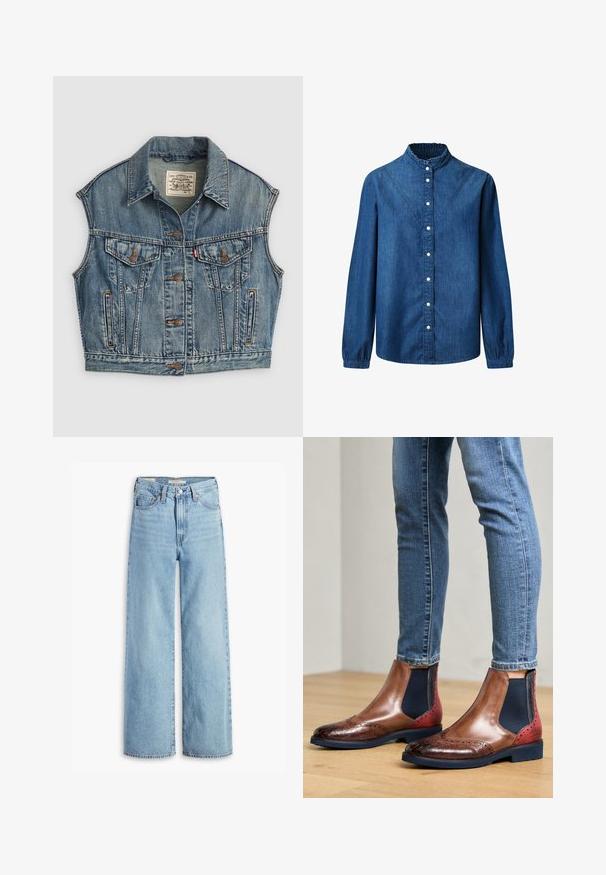 Gilet en denim bleu clair avec un col, fermeture à boutons sur le devant, deux poches poitrine avec rabats à boutons et poches latérales. Texture vieillie visible.; Chemise en denim bleu avec un col froncé haut, des manches longues et un devant à boutons. Présente un détail de couture triangulaire et des poignets élastiques.; Jean large taille haute en denim bleu clair avec fermeture à bouton et zip à l'avant, passants de ceinture et cinq poches.; Bottines Chelsea en cuir marron avec un panneau latéral élastique bleu, présentant des détails de brogue et un capuchon de pied texturé en marron foncé. Semelle plate noire.