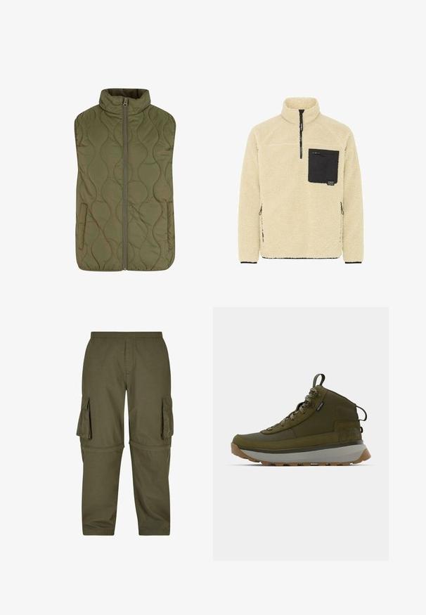 Quiltet vest i olivengrøn med høj krave, frontlynlås og to sidelommer. Glat tekstur med bølgemønster syninger.; Fleece-pullover i off-white med en sort lynlås lomme. Har høj krave, lange ærmer og sidelommer med lynlås. Teksturært, hyggeligt materiale.; Olivengrøn cargo-bukser lavet af letvægtsstof, med flere sidelommer, elastisk talje og lige pasform.; Vandrestøvler i olivengrøn med en struktureret ruskinds-overdel, grå mellemsål, robust ydersål og reflekterende snørebånd for øget synlighed.
