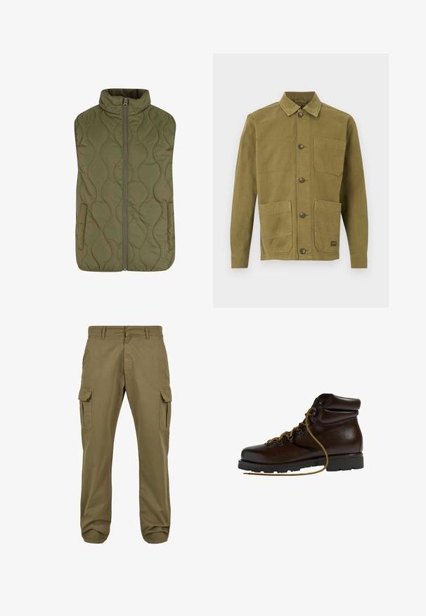 Gilet matelassé en vert olive, avec un col haut, une fermeture éclair à l'avant et deux poches latérales. Texture lisse avec un motif de couture ondulée.; Veste en toile vert olive avec col, dotée de deux poches avant et d'une fermeture à boutons. Tissu texturé avec des détails de couture visibles.; Pantalons cargo verts avec une coupe droite, en coton, dotés de poches latérales et d'une fermeture à bouton pour plus de fonctionnalité. Texture lisse, design décontracté.; Bottine de randonnée en cuir marron avec un bout arrondi, surface texturée, lacets jaunes et œillets en métal. Dotée d'une semelle en caoutchouc noir robuste.