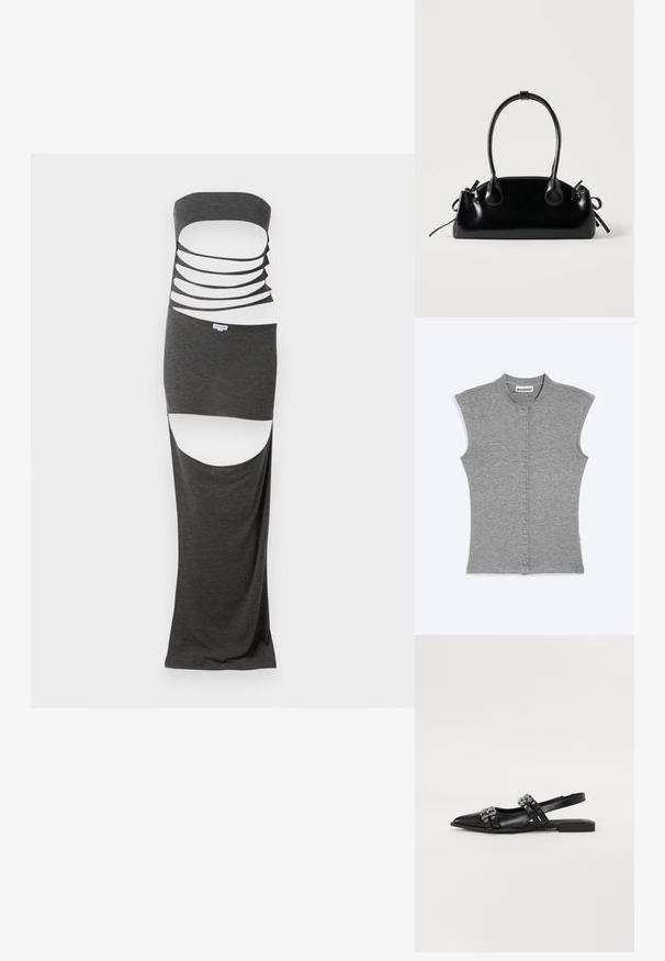 Mouwloze grijze top met knopen, een ronde kraag en een label met de tekst WEEKDAY bij de hals, tegen een effen achtergrond.; Maxi-jurk met uitsnijdingen in donkergrijze stof, met een strapless ontwerp, meerdere horizontale uitsnijdingen en zijsplitten. Soepele textuur.; Even&Odd by Zalando Slingback ballerina´s - black; Kleine zwarte glanzende handtas met twee lange hengsels en zijkant trekkoord details op een effen lichte achtergrond.