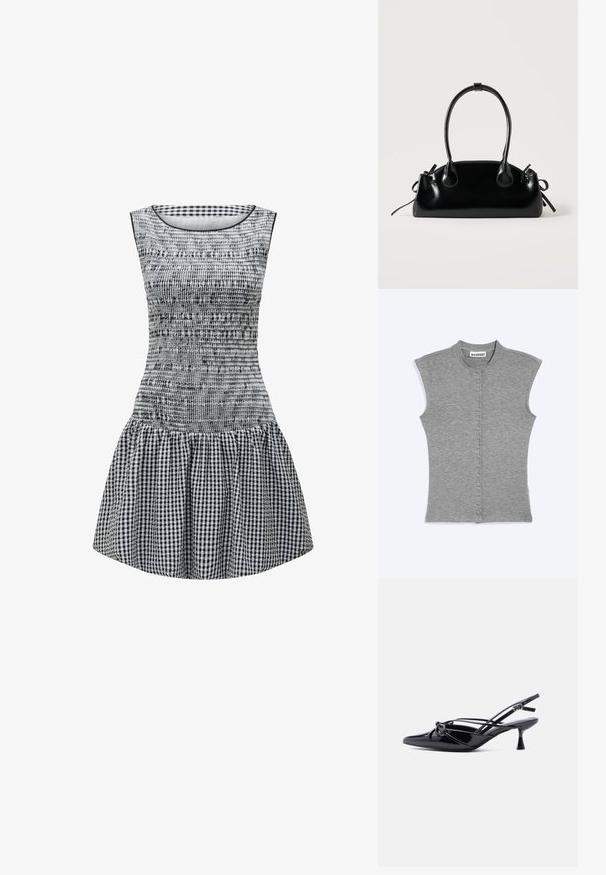 Haut gris sans manches à boutons avec un col rond et une étiquette WEEKDAY au niveau de l'encolure sur un fond uni.; Robe en vichy noir et blanc avec un corsage ajusté, une texture froncée et une jupe évasée. Encolure ronde simple et design sans manches.; Escarpin slingback en cuir verni noir, bout pointu, petit talon kitten et nœud décoratif noué à l'avant.; Petit sac à main noir brillant avec deux longues anses et des détails à cordon sur les côtés sur un fond clair uni.