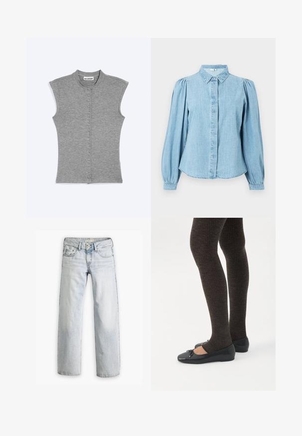 Sleeveless grey button-up top with a round collar and a label reading WEEKDAY at the neckline against a plain background.; Light blue denim shirt with a pointed collar, button front, and long puffed sleeves. Smooth texture with a rounded hemline.; Light blue denim jeans with a relaxed fit, high waist, and five-pocket design. Features stitching accents and a button fly closure.; Legs wearing dark ribbed leggings paired with black ballet flats featuring small bow details on a white background.