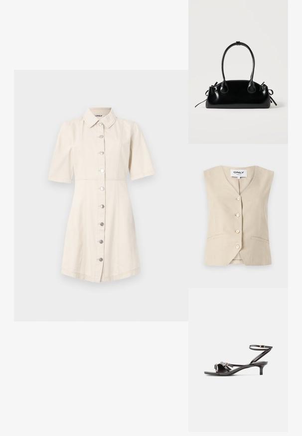 Chaleco beige con escote en V, cinco botones y bolsillos laterales. Está hecho de una tela texturizada y presenta un diseño entallado.; Vestido de manga corta en denim beige claro con cuello tipo camisa, botones plateados y un cuerpo ajustado que se abre en el dobladillo.; Sandalia de charol negro con tiras delgadas, tacón pequeño tipo gatito y cierre ajustable con hebilla en el tobillo.; Pequeño bolso negro brillante con dos asas largas y detalles de cordón lateral sobre un fondo claro liso.