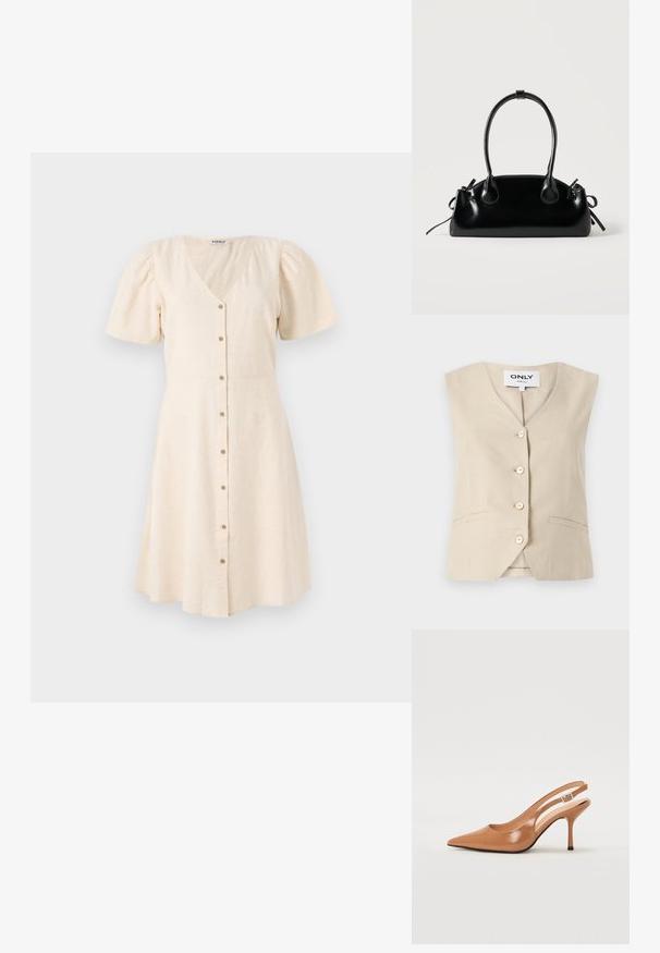 Beige vest med V-hals, fem knapper og sidelommer. Fremstillet af struktureret stof med en skræddersyet design.; Lys beige kjole med V-udskæring, korte pufærmer og en udskåret nederdel. Har frontknapper og et blødt, tekstureret stof.; Spids tå slingback hæl i et glat, blankt tan materiale. Har et buet udskæring design og en slank stiletto hæl. Sølv spænde detalje.; Lille sort blank håndtaske med to lange håndtag og snøre-detaljer i siden på en ensfarvet lys baggrund.