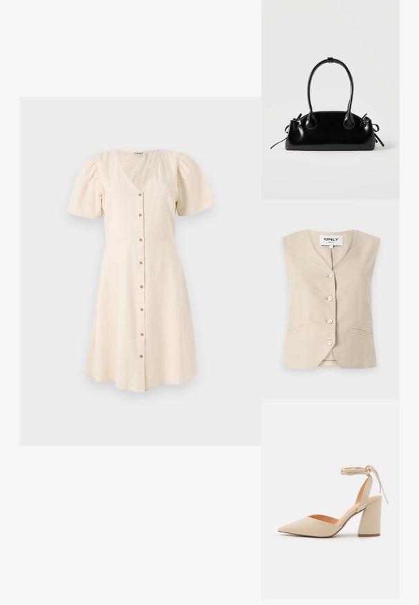 Beige vest met een V-hals, vijf knopen en zijzakken. Gemaakt van geweven stof, met een getailleerd ontwerp.; Lichtbeige jurk met een V-hals, korte pofmouwen en een uitlopende rok. Heeft voor knopen en een zachte, gestructureerde stof.; Beige hoge hak schoen met een puntige neus, enkelriempje en een brede blokhak. Glad synthetisch materiaal met een matte afwerking.; Kleine zwarte glanzende handtas met twee lange hengsels en zijkant trekkoord details op een effen lichte achtergrond.