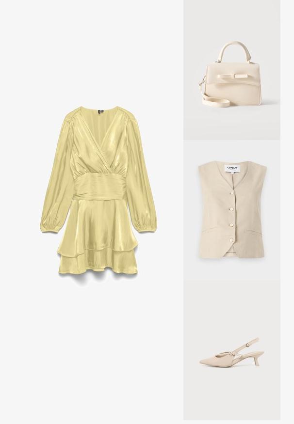 Chaleco beige con escote en V, cinco botones y bolsillos laterales. Está hecho de una tela texturizada y presenta un diseño entallado.; Vestido de satén amarillo pálido brillante con mangas largas abullonadas, cinturilla ancha, escote en V con top cruzado y falda con volantes en capas.; Zapato slingback beige con puntera puntiaguda, tacón bajo tipo kitten y tira ajustable en el tobillo sobre un fondo liso y claro.; Pequeño bolso beige con asa superior, correa desmontable, solapa frontal y lazo decorativo horizontal sobre un fondo liso.