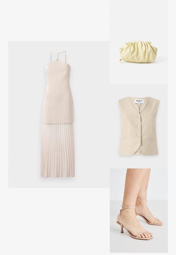 Beige vest med V-hals, fem knapper og sidelommer. Fremstillet af struktureret stof med en skræddersyet design.; Ærmeløs kjole med en tætsiddende top i blød beige stof, der har en plisseret nederdel i en lysere nuance og justerbare snoede stropper.; Nude strop sandals med en tynd ankelrem, et firkantet tådesign og en lille blokhælt. Glat tekstur med minimal detaljering.; Gul plisseret håndtaske lavet af glat kunstlæder, med en blød form, en enkelt skulderrem og samlet topdesign.