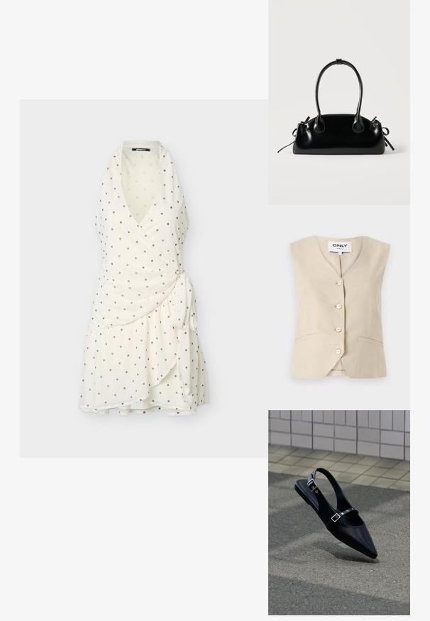 Beige vest met een V-hals, vijf knopen en zijzakken. Gemaakt van geweven stof, met een getailleerd ontwerp.; Crèmekleurige mouwloze wikkeljurk met zwarte polkadots, diepe V-hals, zijstrikdetail en gerimpelde asymmetrische zoom.; Zwarte platte slingback met spits toelopende neus en dubbele gespsluitingen, rustend op grijs asfalt bij een achtergrond van betegelde muur.; Kleine zwarte glanzende handtas met twee lange hengsels en zijkant trekkoord details op een effen lichte achtergrond.