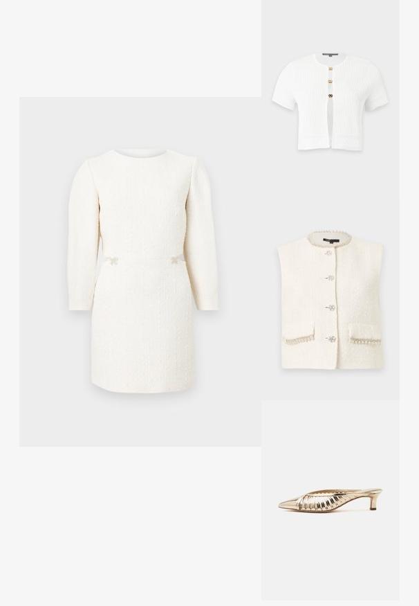 Veste sans manches en tweed blanc avec bordure de perles et de strass sur le col et les poches, ornée de boutons bijoux sur le devant.; Cardigan blanc à manches courtes en maille côtelée avec trois boutons-pression dorés et motifs tricotés décoratifs sur les manches et l’ourlet.; Robe courte blanche à manches longues texturée avec un col rond et de petits nœuds décoratifs à la taille sur un fond uni.; Mule métallisée dorée à bout pointu, petit talon kitten et motif rayé découpé sur le dessus.