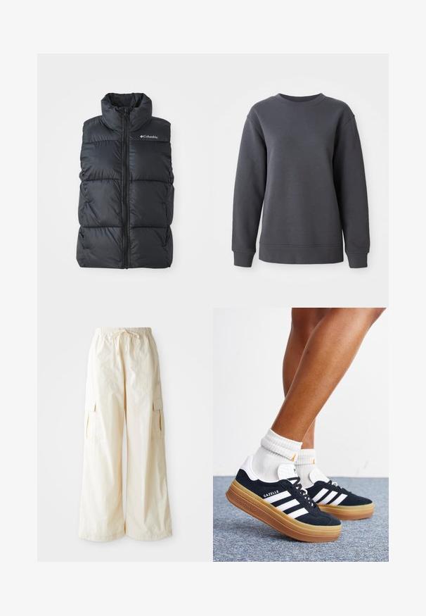 Sort puffer vest med høj krave, frontlynlås og sidelommer. Tekstureret, quiltet design med Columbia-logo på skulderen.; Grå sweatshirt lavet af tekstureret stof, med rund hals, lange ærmer og ribbede manchetter og kant, i en afslappet pasform.; Bredde cargo bukser i lys beige stof med elastisk talje, snøre lukning og sidelommer. Glat tekstur med minimal detaljer.; Ben iført hvide sokker og sorte Adidas Gazelle sneakers med hvide striber og tykke brune såler på et gråt tæppe.