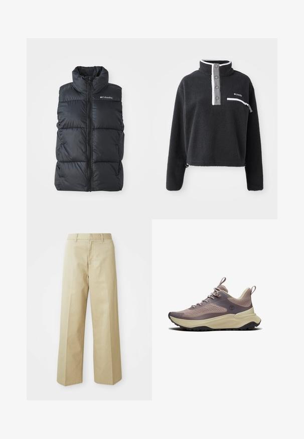 Sort puffer vest med høj krave, frontlynlås og sidelommer. Tekstureret, quiltet design med Columbia-logo på skulderen.; Sort fleece pullover med halv lynlås krave, der har en brystlomme og kontrasterende hvide og grå detaljer. Blød tekstur, cropped design.; Beige vide bukser lavet af bomuld med en glat tekstur. Har en lige pasform, bæltestropper og skrå lommer.; Lysebrun og beige atletiksneaker med strikket overdel, polstret sål, sort slidbane og træktabs på tung og hæl.