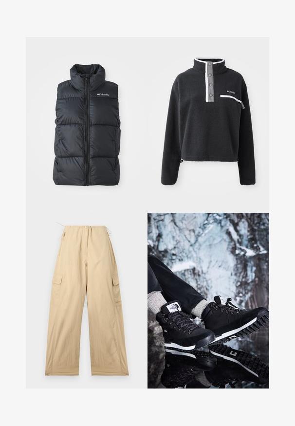 Zwart puffervest met hoge kraag, rits aan de voorkant en zijzakken. Gelaagd, gestikt ontwerp met Columbia-logo op de schouder.; Zwarte fleece pullover met een ritskraag, voorzien van een borstzak en contrasterende witte en grijze accenten. Zachte textuur, cropped ontwerp.; Beige cargobroek met een ontspannen pasvorm, voorzien van een trekkoord in de taille, twee zijzakken en een soepele, lichte stof.; Zwarte wandelschoenen met een bovenwerk van suede en textiel, met een witte tussenzool, een gestructureerde rubberen loopzool en zwarte en witte veters.