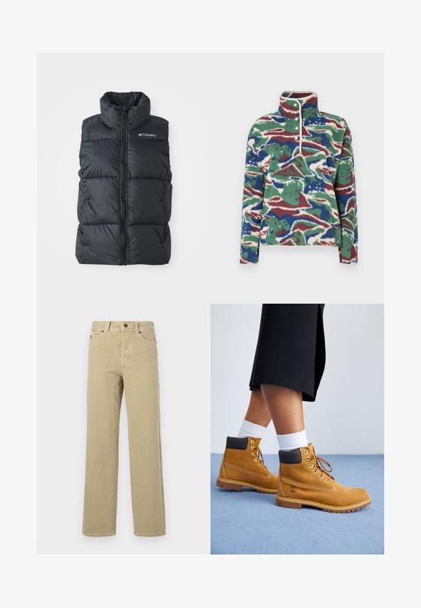 Sort puffer vest med høj krave, frontlynlås og sidelommer. Tekstureret, quiltet design med Columbia-logo på skulderen.; Fleece pullover i et grønt, blåt og bordeaux abstrakt mønster. Har en høj krave, knapstolpe og struktureret stof.; Beige vidbenede jeans lavet af blød bomuld med et klassisk design med fem lommer, knaplukning og synlige syninger langs sømme og kanter.; Tan ruskindsankelstøvler med brune læderdetaljer, guldøjer og en struktureret sål. Hvide sokker synlige over støvlerne.