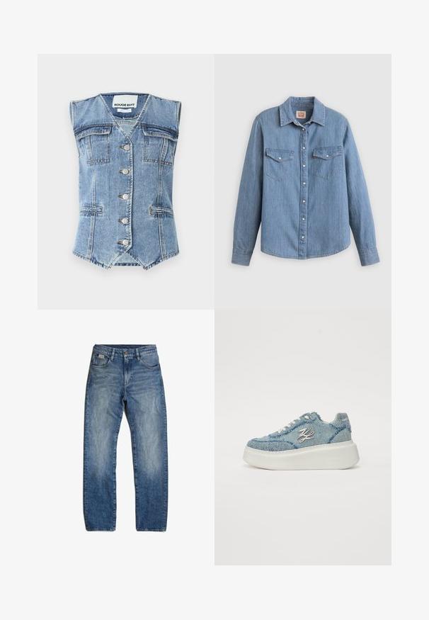 Vaate denimliivi vaaleansinisessä, jossa on hihaton muotoilu, terävä helma, neljä taskua ja hopeiset napit edessä. Karkea kangasviimeistely.; Vaaleansininen denimpaita, jossa on pitkät hihat, napillinen edusta, kaksi rintataskua ja klassinen kaulus. Sileä pinta ja rento istuvuus.; Siniset farkut suoralinjaisella leikkauksella, kevyellä haalistumisella ja hienovaraisella kulutuksella. Varustettu viidellä taskulla ja nappisulkimella.; Denim-lenkkarit paksulla valkoisella pohjalla. Ominaisuuksiin kuuluu rispaantuneet reunat ja metalliset yksityiskohdat, mukaan lukien koristeellinen logo sivussa.