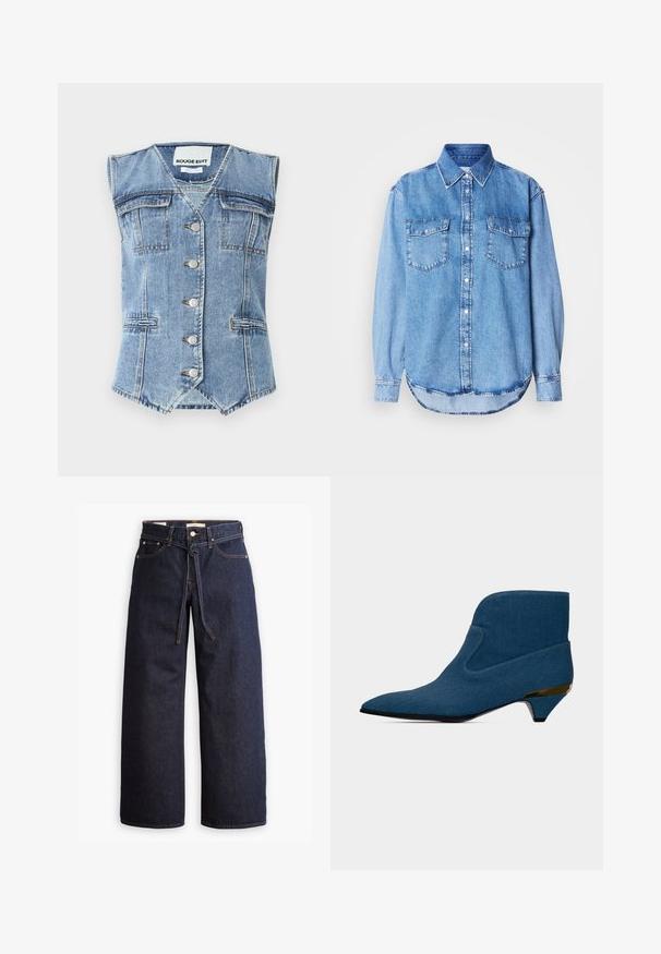 Vaate denimliivi vaaleansinisessä, jossa on hihaton muotoilu, terävä helma, neljä taskua ja hopeiset napit edessä. Karkea kangasviimeistely.; Vaaleansininen farkkupaita, jossa on klassinen kaulus, napillinen etuosa, kaksi rintataskua ja pyöreä helma ompelukoristein.; Korkeavyötäröiset tummansiniset leveälahkeiset farkut, joissa on narunauhakuja, viisi taskua ja kontrastiväriset ompeluseikat.; Sininen nilkkuri, jossa on terävä kärki, matala kitten-korko kultaisella korostuksella ja sileä, saumaton muotoilu.
