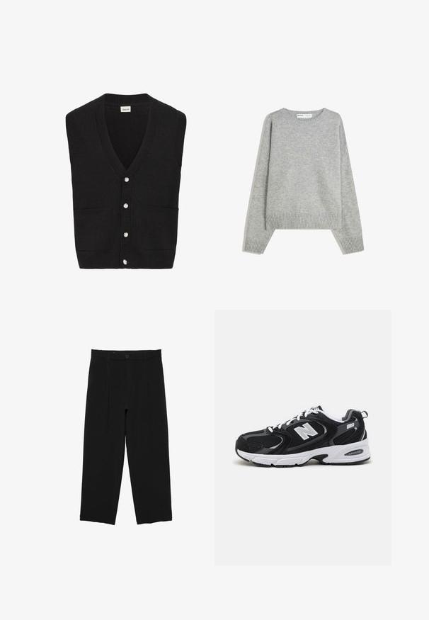 Sort strikket ærmeløs cardigan med V-udskæring, fem hvide knapper foran og to forlommer.; Grå strikket sweater med rund halsudskæring, ribbede manchetter og kant, med en afslappet pasform og blød tekstur.; Sorte bukser med vide ben, bæltestropper, frontknap og plisseret design, vist mod en hvid baggrund.; Sorte og grå sportssko med mesh og ruskind på overdelen, der har en hvid mellemsål, snørebånd og et iøjnefaldende "N" logo på siden.