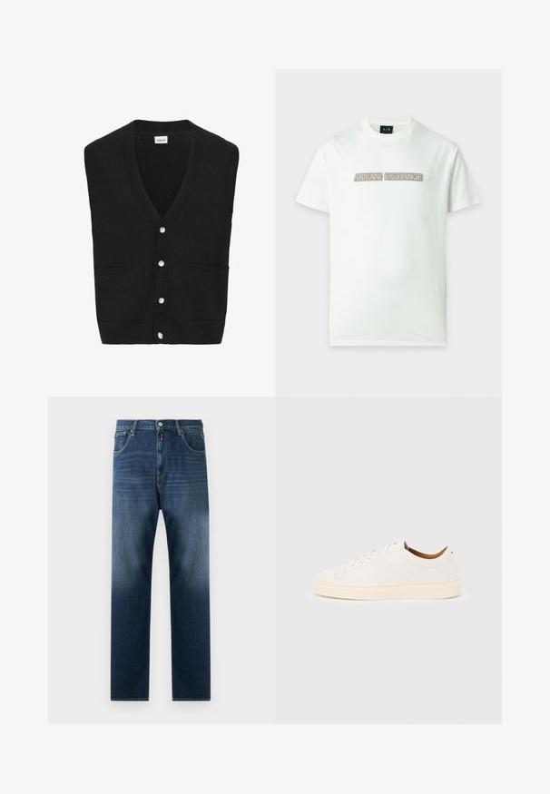 Zwarte gebreide mouwloze cardigan met V-hals, vijf witte knopen aan de voorkant en twee zakken aan de voorkant.; Wit T-shirt met korte mouwen en beige rechthoekige patches met daarop "ARMANI EXCHANGE" op de borst.; Donkerblauwe denim jeans met een recht gesneden pijp. Kenmerken zijn onder andere voorzakken, een ritsluiting en een subtiele vervaging richting de zoom.; Witte lage sneaker met vetersluiting, minimale stikdetails en een crèmekleurige zool op een lichtgrijze achtergrond.