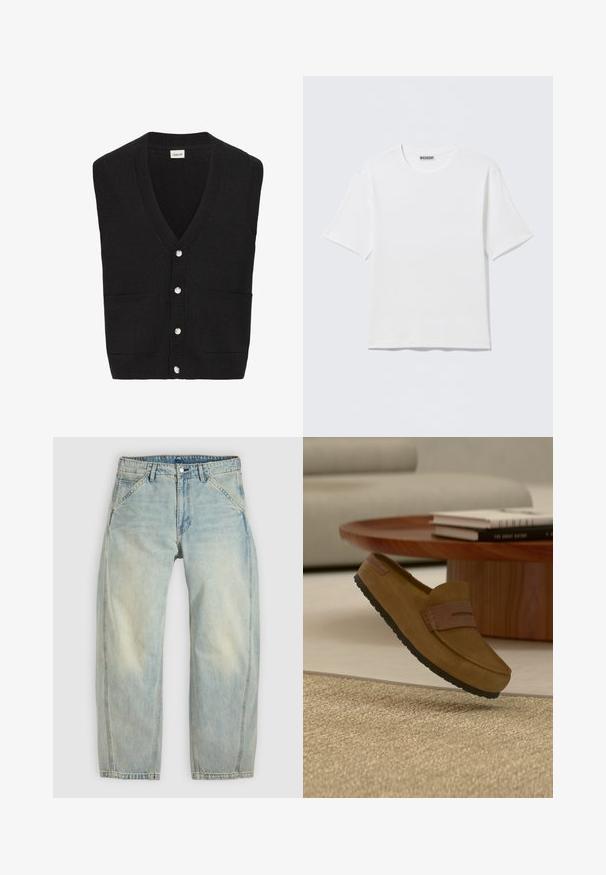 Zwarte gebreide mouwloze cardigan met V-hals, vijf witte knopen aan de voorkant en twee zakken aan de voorkant.; Effen witte T-shirt met korte mouwen en ronde hals, met een klein "WEEKDAY" label aan de binnenkant van de achterkraag, weergegeven op een vlakke ondergrond.; Lichtblauwe jeans met wijde pijpen, gemaakt van denim. Heeft vijf zakken, een knoopsluiting en vervaagde plekken voor een versleten uitstraling.; Bruine suède loafer met zwarte zool die boven een beige geweven tapijt zweeft, houten ronde tafel met gestapelde boeken en lichtgrijze bank op de achtergrond.