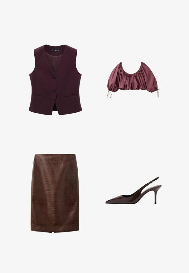 Bordeaux skræddersyet vest med v-hals, to forlommer og tre sorte knapper. Glat stof med en ensartet tekstur.; Beskåret, off-shoulder bluse i dyb mauve med samlet stof og elastiske pufærmer, bundet ved håndleddene.; Mørkebrun blyantskørt i kunstigt krokodilleskind med en lille frontslids ved kanten, knælængde, uden synlige lukninger eller pynt.; Brune patenteret læder slingback hæle med spids tå, slank hæl og justerbar spænde-rem. Glat tekstur og skinnende finish.