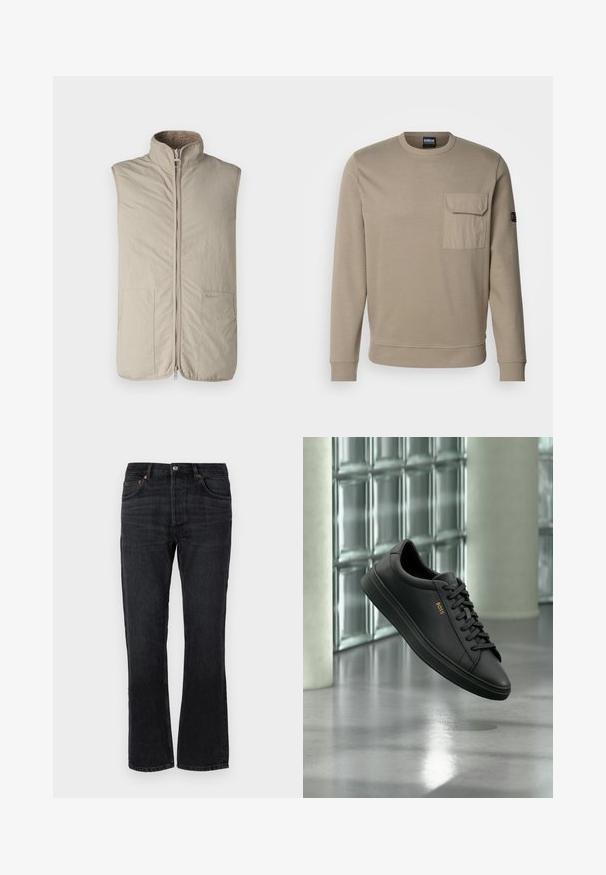 Beige mouwloos vest met hoge kraag, voorrits en twee zijzakken. Heeft een zachte, gestructureerde binnenvoering. Logo aan de zijkant.; Beige katoenen sweatshirt met lange mouwen, ronde hals, geribde manchetten en zoom, en een voorzak aan de linkerkant van de borst.; Zwarte denim jeans met een rechte pijp, vijf zakken en oranje stiksels. Glad textuur en minimale vervaging details.; Zwarte lage leren sneaker met zwarte veters en gouden BOSS-logo aan de zijkant, zwevend boven glanzende grijze vloer in een moderne binnenruimte.