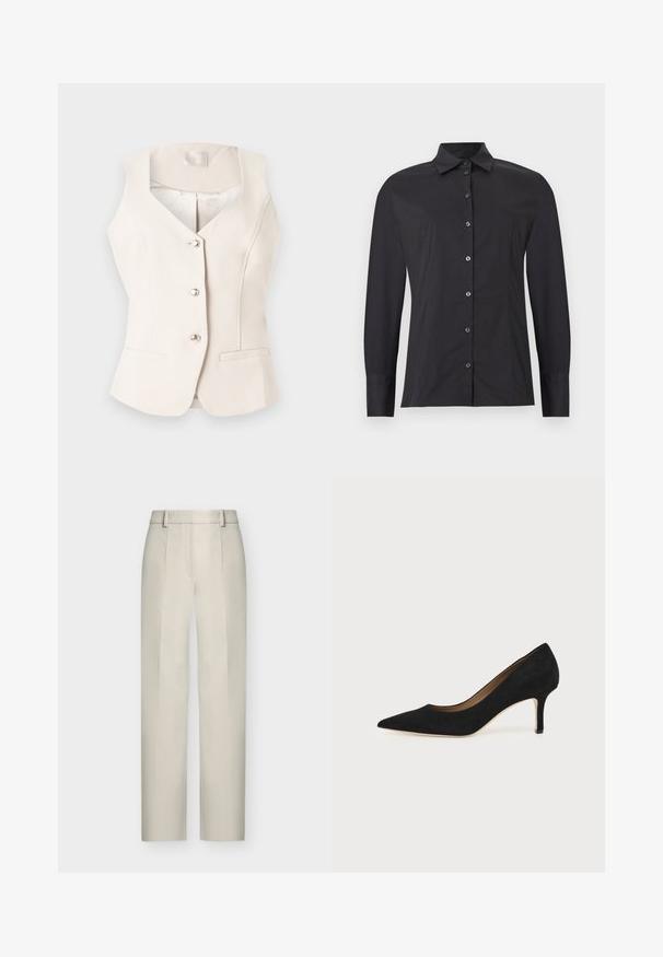 Gilet tailleur sans manches de couleur crème avec col en V, trois boutons argentés et deux poches passepoilées à l'avant, sur fond clair.; Chemise noire à manches longues avec boutons, col classique, coupe slim et détails de coutures sur fond gris clair.; Pantalon beige taille haute à jambes droites, avec passants de ceinture et plis à l'avant, présenté sur fond blanc.; Escarpin en daim noir à bout pointu avec un talon stiletto fin de hauteur moyenne et un design à coupe basse sur un fond uni.