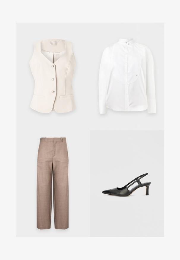 Gilet tailleur sans manches de couleur crème avec col en V, trois boutons argentés et deux poches passepoilées à l'avant, sur fond clair.; Chemise blanche à manches longues boutonnée avec col officier, plastron texturé et petit logo brodé "AX" sur le côté droit.; Pantalon marron texturé avec une coupe droite, taille mi-haute et sans quincaillerie ni poches visibles.; Chaussure à bride arrière en cuir noir avec bout pointu, dotée d'un accent brillant sur le bout et d'un talon de hauteur moyenne. Design latéral ouvert.