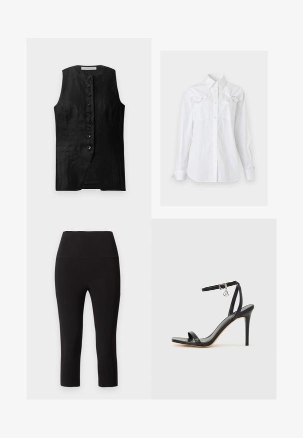 Sort ærmeløs vest med lige skæring, der har knaplukning foran og en subtil struktur. Stoffet ser let og glat ud.; Hvid langærmet skjorte med krave og to brystlommer, hver med en dekorativ sløjfe nær toppen.; Sorte højtaljede cropped leggings med bred linning, vist fladt mod en hvid baggrund.; Sort hæl-sandal med smal ankrem, firkantet tå-boks, glat lædermateriale og metalspænde som pynt.
