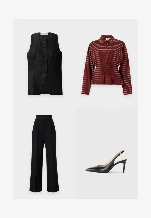 Sort ærmeløs vest med lige skæring, der har knaplukning foran og en subtil struktur. Stoffet ser let og glat ud.; Bordeauxfarvet skjorte med lange ærmer og hvide striber, knappet front, elastisk talje og krave.; Højblusede sorte bukser lavet af bomuld. Har en vide ben-design, plisseringer og opfoldede manchetter. Glat tekstur, ingen synlige mønstre eller metaldele.; Sorte læder slingback højhælede sko med spids tå, justerbar rem og en slank stiletto hæl, der har en glat finish.