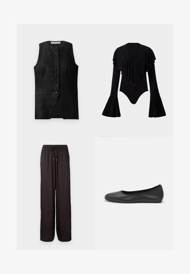 Zwarte mouwloze vest met een rechte snit, voorzien van een knoopsluiting en een subtiele textuur. De stof lijkt lichtgewicht en glad.; Zwarte long-sleeve body met een diepe V-hals, gelaagde ruches op de borst en klokmouwen. Glad, rekbaar materiaal.; Losse zwarte broek met elastische tailleband en trekkoord met gouden punten, volledig lengte en rechte pijpen.; Zwarte leren ballerina met een ronde neus, gladde textuur, minimale stikdetails en een flexibele zoolontwerp.