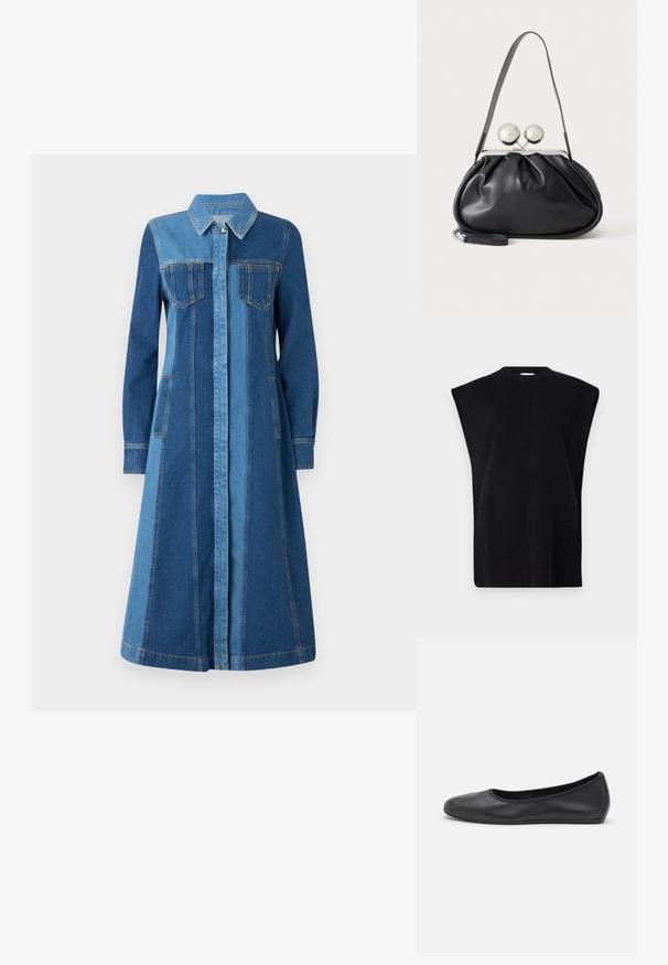 Sort strikket ærmeløs top med høj halsudskæring, der har en ribbet struktur og sidedrab for bevægelsesfrihed.; Denimkjole med krave, lange ærmer, to forlommer og et tofarvet blå design med lodrette sømme. Justerbar knaplukning.; Sort læderballetsko med rund tå, glat tekstur, minimal syning og et fleksibelt såldesign.; Sort læderhåndtaske med opsamlet design, en enkelt rem, sølv metalramme og to store runde sølv lukninger.