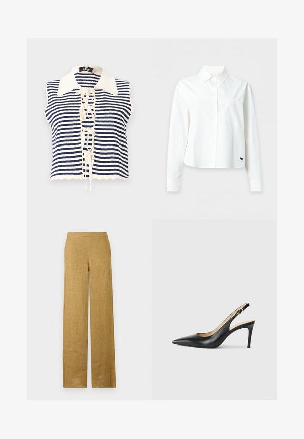 Haut sans manches rayé bleu marine et crème avec un devant boutonné, featuring un col festonné et un détail lacé au centre.; Chemise blanche à manches longues, boutonnée, avec col, poche poitrine et petit logo papillon noir près de l'ourlet inférieur côté droit.; Pantalon taille haute à jambes larges en lin marron clair, avec un devant lisse et un design minimaliste.; Escarpins en cuir noir avec une pointe fine, une bride ajustable et un talon aiguille élégant, présentant une finition lisse.