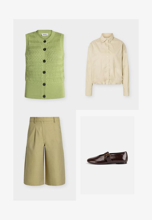 Gilet sans manches vert clair en tricot avec motif en zigzag, ourlet côtelé, encolure ronde et six boutons foncés sur le devant.; Chemise beige à manches longues avec boutons, col pointu et ourlet élastiqué, présentée à plat sur un fond clair.; Shorts sur mesure kaki clair longueur genou avec passants de ceinture et plis devant sur fond blanc.; Chaussure plate en cuir verni marron foncé avec une large bride à boucle dorée et un bout arrondi, présentée de profil sur fond blanc.