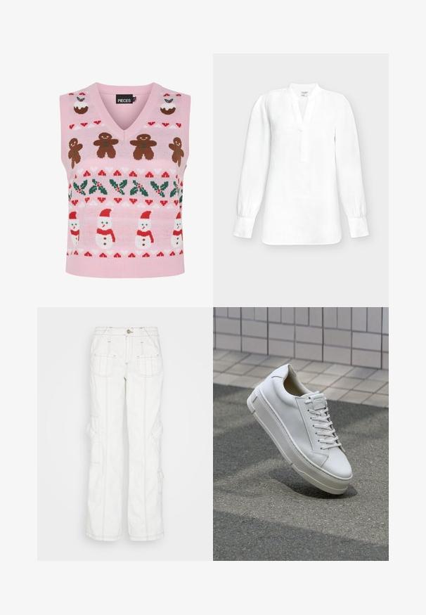 Gilet en tricot rose avec un design en V, décoré de bonhommes en pain d'épices, de bonhommes de neige, de houx et de motifs festifs en rouge et vert.; Blouse blanche à manches longues avec col en V, col mao et poignets boutonnés, présentée sur un fond gris clair uni.; BDG Urban Outfitters Jean boyfriend - white; Baskets blanches en cuir avec un design bas, lacets plats, bout arrondi et côtés texturés. Semelle en caoutchouc épaisse avec des accents subtils.