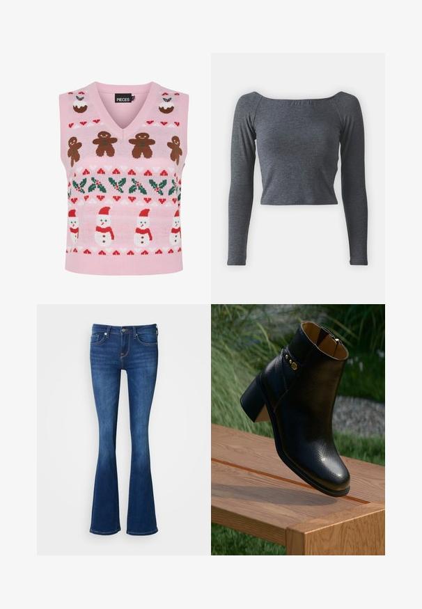 Gilet en tricot rose avec un design en V, décoré de bonhommes en pain d'épices, de bonhommes de neige, de houx et de motifs festifs en rouge et vert.; Crop top gris à manches longues, fabriqué dans un tissu doux, avec un décolleté carré et une coupe ajustée. Pas de motifs ni d'ornementations visibles.; Jean évasé en denim bleu foncé. Taille mi-hauteur avec un design à cinq poches et des détails de couture subtils. Texture douce, ajusté au niveau de la cuisse.; Bottine en cuir noir avec une finition texturée, un bouton accent doré et un talon épais, positionnée au-dessus d'une table en bois.
