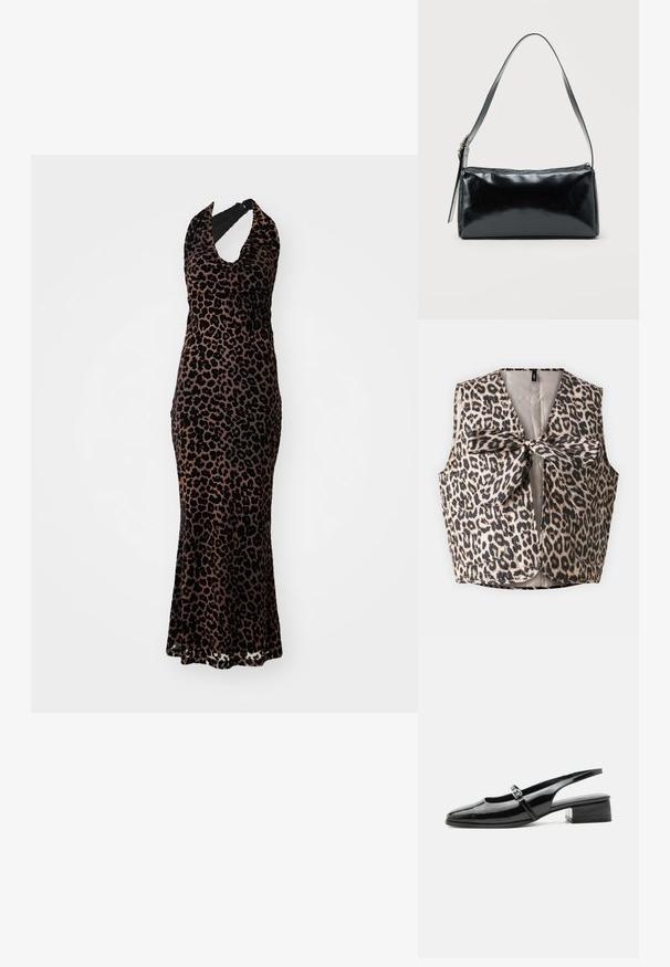 Vesta s leopardím vzorom s uzáverom na motýlik, vyrobená z lesklého materiálu, s dvoma prednými vreckami a bezrukávovým dizajnom.; Šaty s leopardím vzorom s výstrihom za krk, z mäkkého zamatového materiálu, dlhé s priliehavým strihom, so zaobleným výstrihom, v čiernej a pieskovej farebnej kombinácii, s jemnou textúrou.; Čierna lodička slingback z lesklej kože s nízkym širokým podpätkom a tenkým remienkom so striebornou prackou na vrchu.; Čierna obdĺžniková kabelka na rameno s jedným nastaviteľným remienkom a horným zipsom na jednofarebnom pozadí.