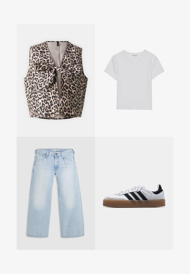 Vest i leopardmønster med sløjfeåbning, lavet af skinnende stof med to forlommer og ærmeløs design.; Hvid kortærmet V-hals t-shirt lavet af ribbet stof. Har et rent design med en lige kant og minimal detaljer.; Lyseblå vid nederdel jeans lavet af denim. Har lige snit, fem lommers design og knaplukning i taljen.; Hvide lædersneakers med sorte striber, gummirubber sål, rund tå, snørelukning og blød grå ruskinds tåhætte.