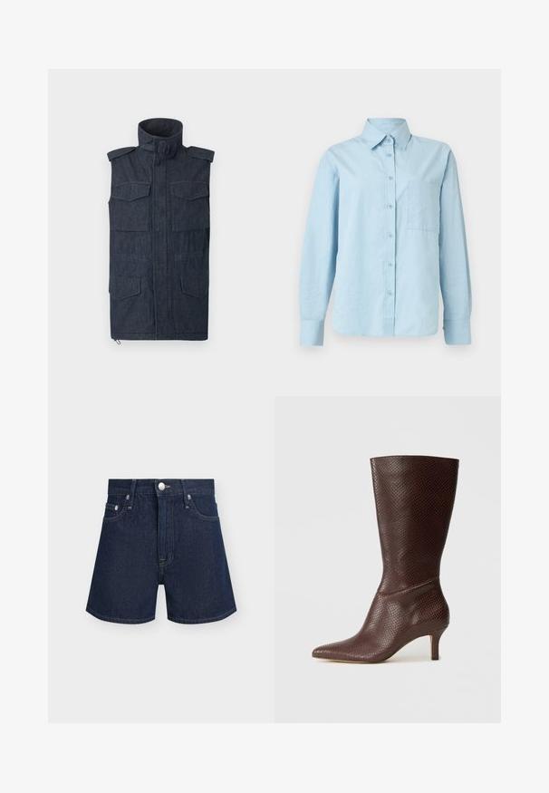 Veste sans manches en denim foncé avec col montant, fermeture éclair à l'avant, épaulettes sur les épaules et quatre poches à rabat à l'avant.; Chemise bleu clair à manches longues, boutonnée, avec col et poche poitrine, présentée sur un fond blanc uni.; Short en jean bleu foncé avec bouton et fermeture éclair à l'avant, passants de ceinture et poches avant sur fond clair uni.; Bottine marron en simili cuir avec un bout pointu, un imprimé serpent texturé et un talon de 5 cm, présentant un design élégant et épuré.