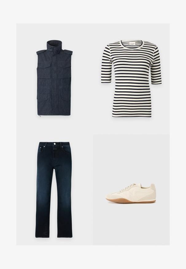Veste sans manches en denim foncé avec col montant, fermeture éclair à l'avant, épaulettes sur les épaules et quatre poches à rabat à l'avant.; Chemise ajustée à rayures horizontales noires et blanches avec manches jusqu'au coude et col rond.; Jean droit pour hommes de couleur bleu marine avec poches avant et arrière, fermeture par boutons et passants pour ceinture sur fond blanc.; Baskets beige clair avec une tige en cuir texturé, des panneaux latéraux texturés et une semelle en caoutchouc. Dotées d'un design fin et épuré ainsi que de lacets plats.